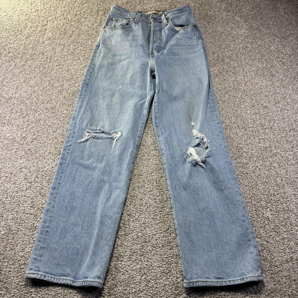 Levis Ribcage Straight Ankle Jeans Womens W25‎ L27 Blue Distressed Denim